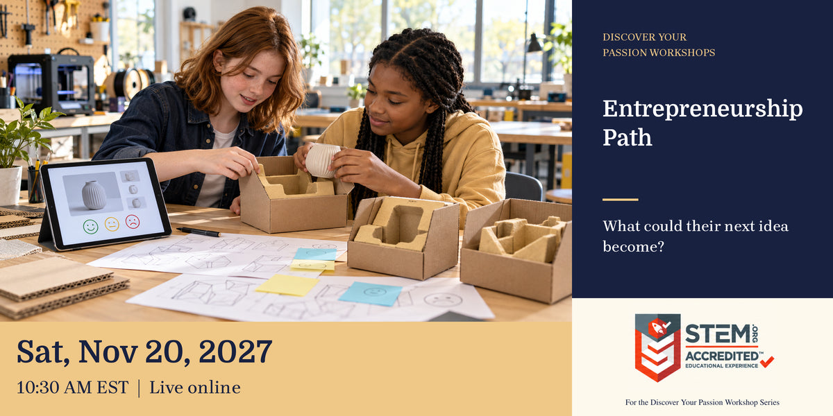 Illustrative career-exploration scene. Children testing a packaging prototype alongside a digital product mock-up. Entrepreneurship Path. Sat, Nov 20, 2027, 10:30 AM EST.