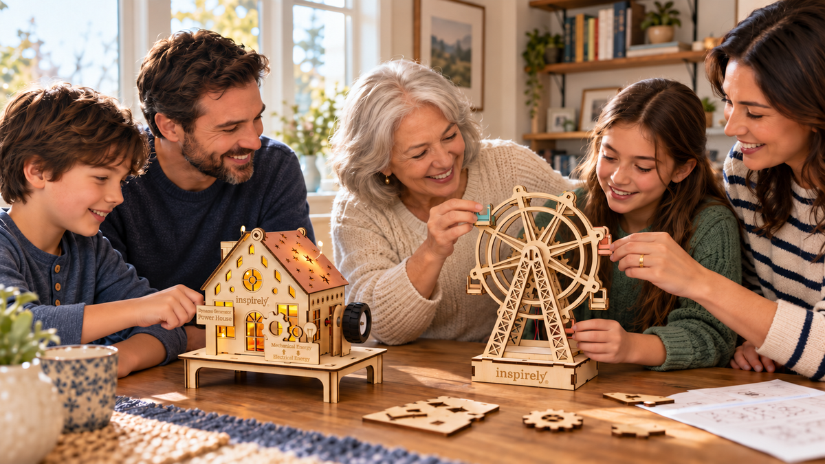 Children, parents and grandmother sharing Inspirely Dynamo House and Ferris wheel kits with open wooden bench seats at home.