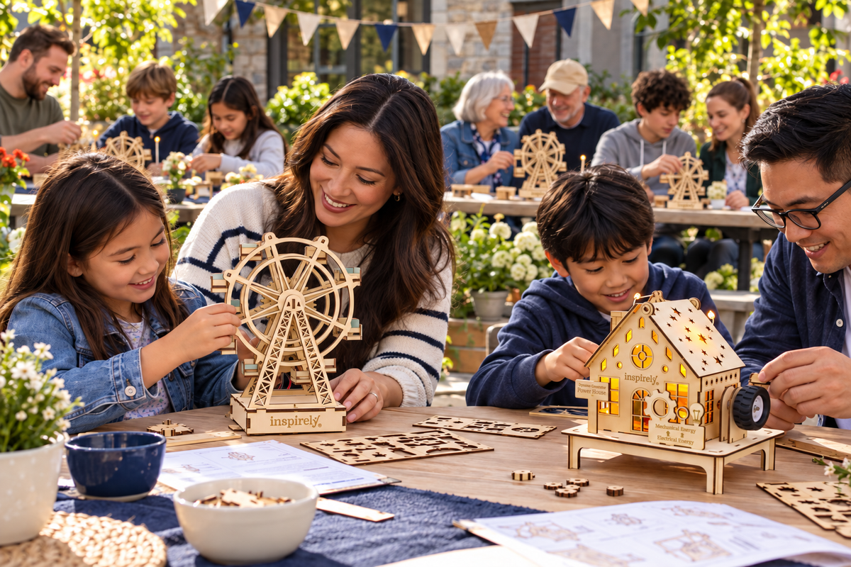 Families and neighbours creating together with Inspirely Ferris wheel and Dynamo House kits at an outdoor community gathering.