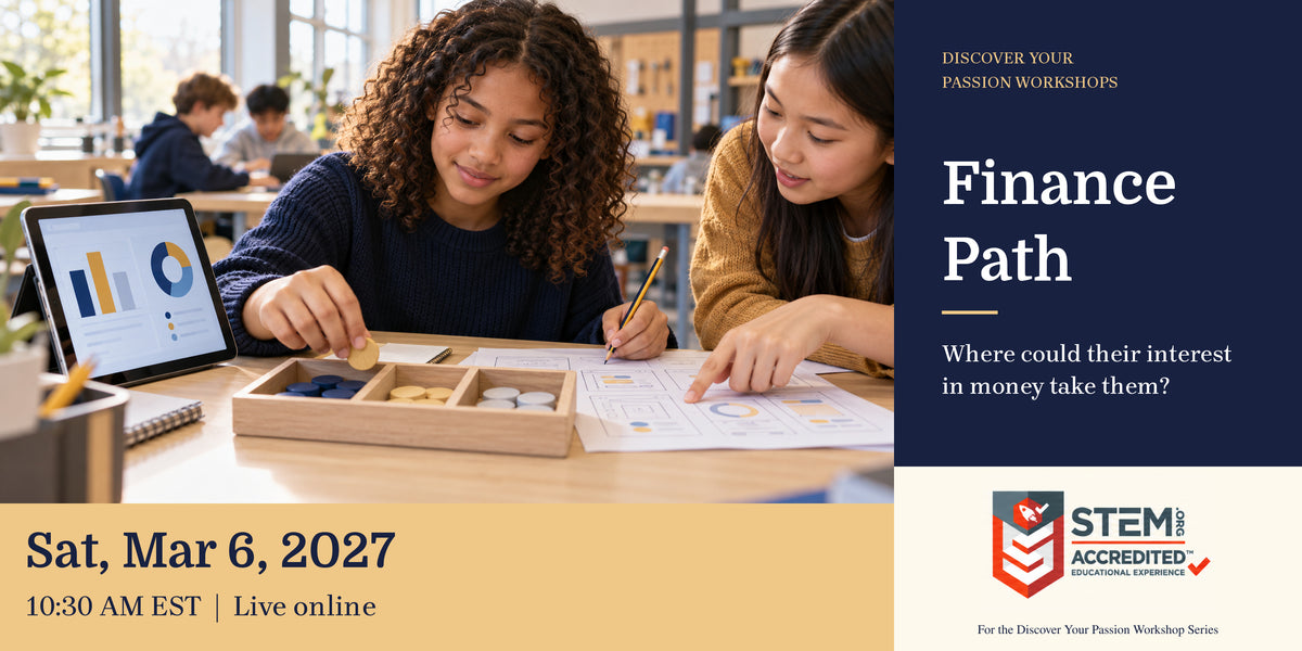 Illustrative career-exploration scene. Children testing a digital budgeting prototype using allocation tokens and a tablet chart. Finance Path. Sat, Mar 6, 2027, 10:30 AM EST.