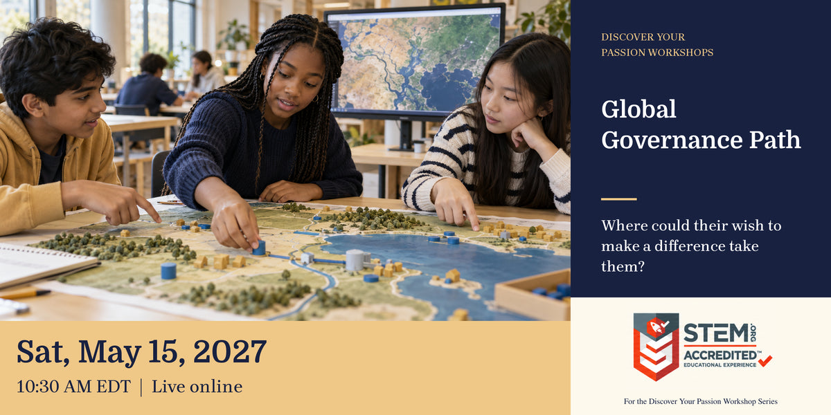 Illustrative career-exploration scene. Children discussing shared water resources with a tabletop regional map and satellite imagery. Global Governance Path. Sat, May 15, 2027, 10:30 AM EDT.