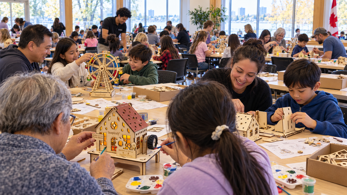 Families and children assembling, painting and testing Inspirely STEM kits at a large community event.