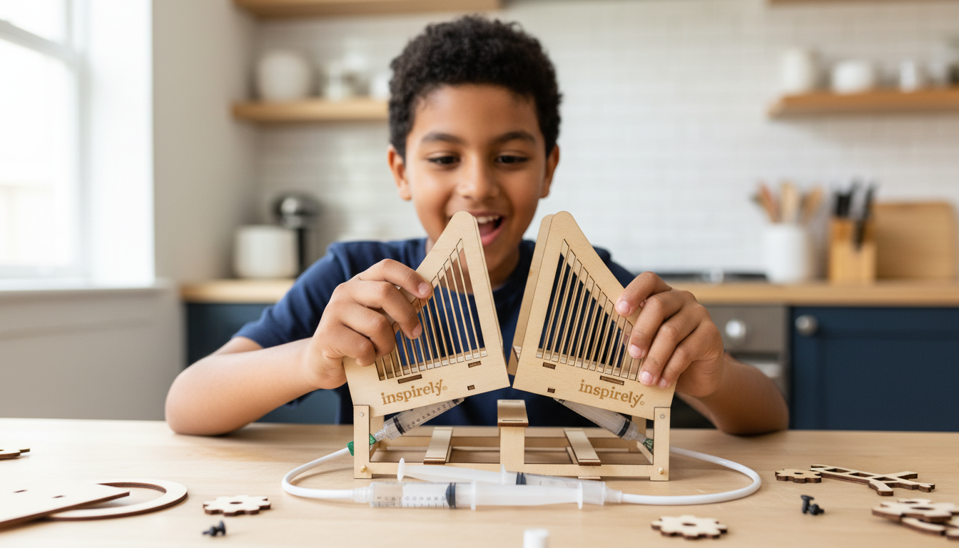 Inspirely | Child aged 9 operating Inspirely Hydraulic Bridge STEM kit with syringe mechanism, wooden bridge rising, focused expression, kitchen background