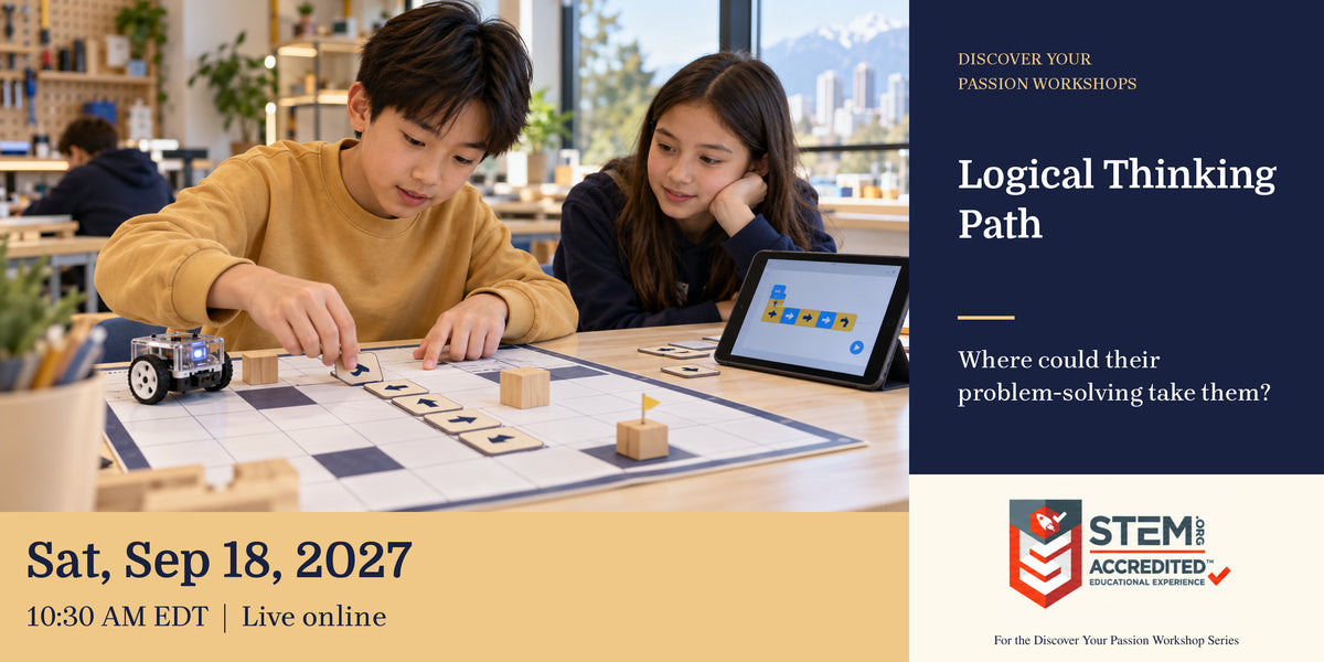 Illustrative career-exploration scene. Children debugging a delivery robot route using a grid and command tiles. Logical Thinking Path. Sat, Sep 18, 2027, 10:30 AM EDT.