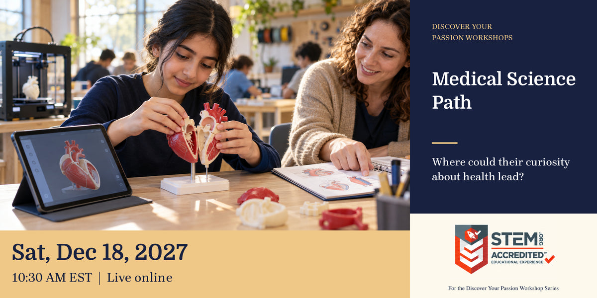 Illustrative career-exploration scene. Child exploring a three-dimensional anatomical heart model with a mentor and tablet visualisation. Medical Science Path. Sat, Dec 18, 2027, 10:30 AM EST.