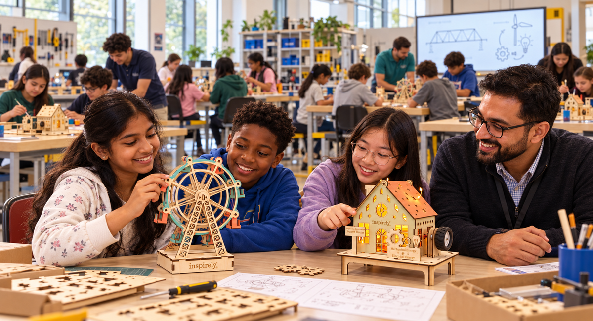 Children test Inspirely Ferris Wheel and Dynamo Generator Power House kits in a spacious engineering STEM lab, while mentors and university interns support projects at different stages.