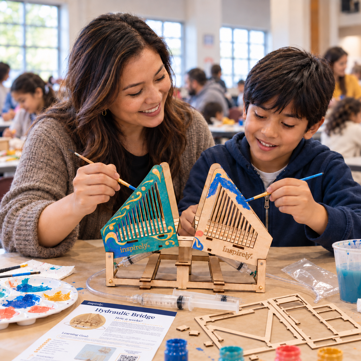A parent and child paint an Inspirely Hydraulic Bridge together at a community event, with a beautifully decorated half, mostly emptied wooden kit sheets, leftover pieces and the Hydraulic Bridge guide on the table.