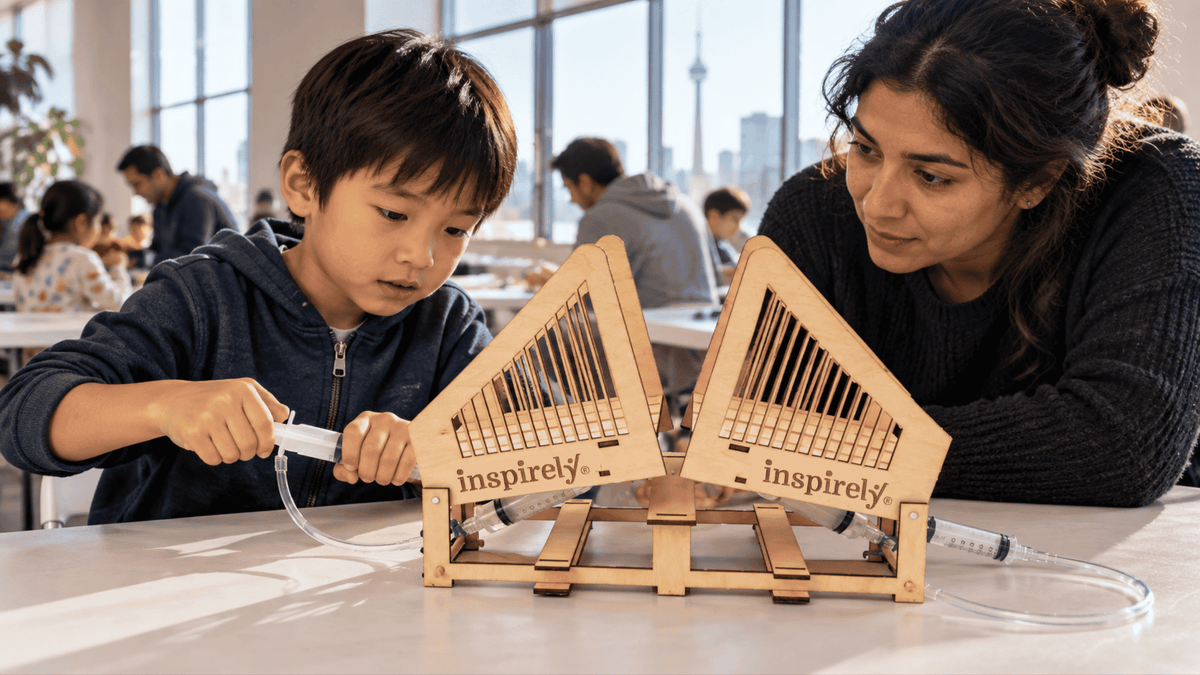 Child and facilitator test an Inspirely Hydraulic Bridge during a community STEM workshop