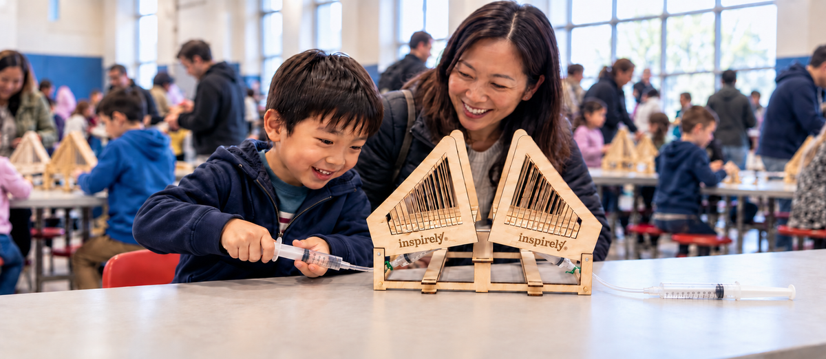 A child presses one connected controller syringe to lift an Inspirely Hydraulic Bridge deck. Two separate syringe-and-tube circuits operate the two sides of the bridge.
