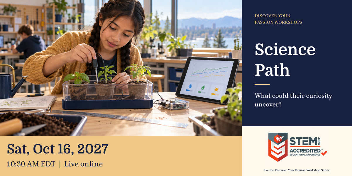 Illustrative career-exploration scene. Child measuring plant conditions with sensors beside a data dashboard. Science Path. Sat, Oct 16, 2027, 10:30 AM EDT.