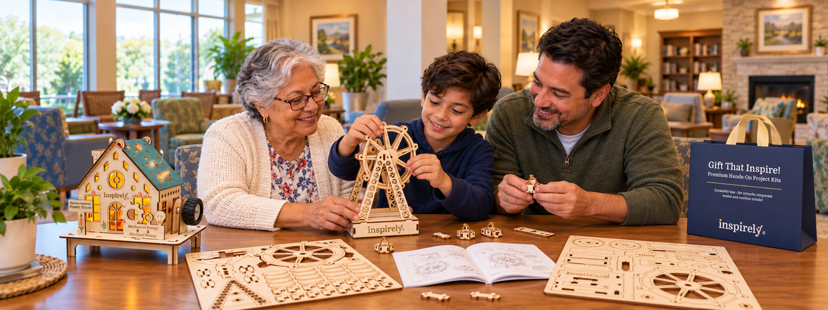 A grandmother, grandchild and father build an Inspirely Ferris Wheel beside a decoratively painted Dynamo House, wooden kit sheets and a blue Inspirely gift bag.