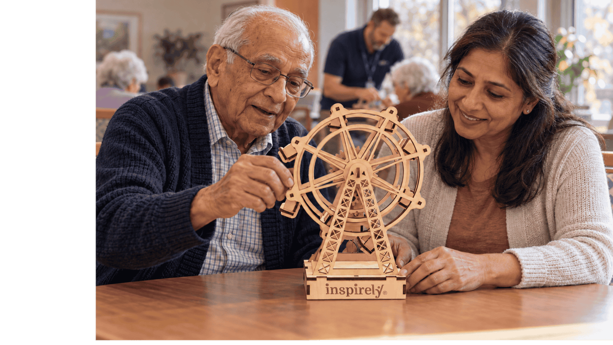 A father and his adult daughter enjoy an Inspirely Ferris Wheel together