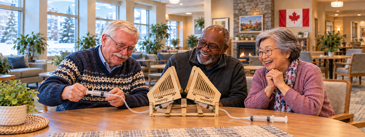 Three senior residents enjoy an Inspirely Hydraulic Bridge, with one resident pressing a connected syringe to raise the bridge.