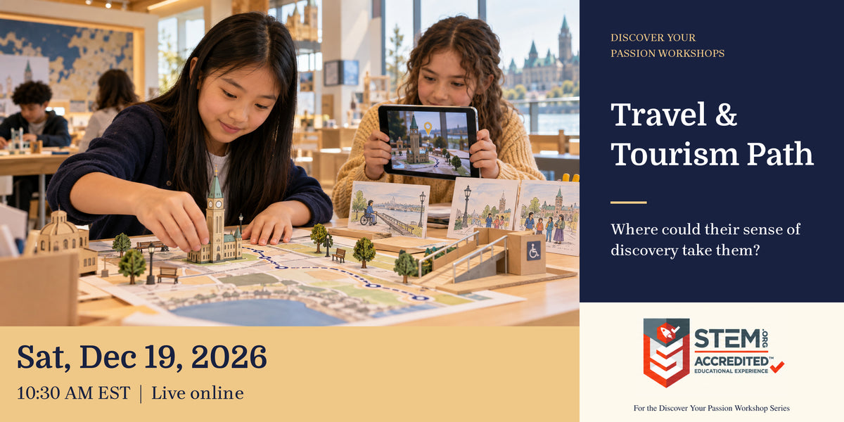 Illustrative career-exploration scene. Children designing an accessible augmented-reality city tour with a tabletop landmark model and tablet camera. Travel & Tourism Path. Sat, Dec 19, 2026, 10:30 AM EST.