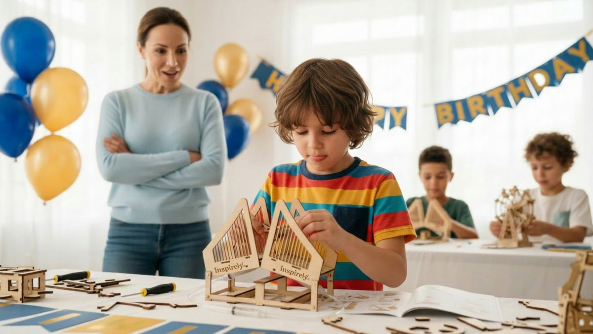 Parent - mother standing back watching their child concentrate on building a wooden STEM kit at a birthday party, expression of quiet pride