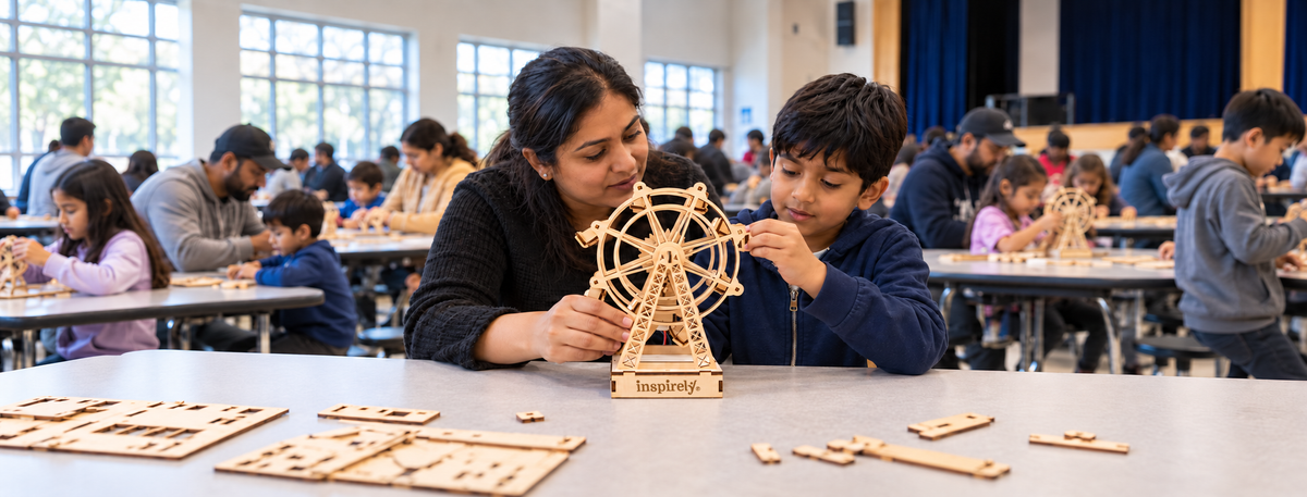 Parent and child build an Inspirely Ferris Wheel at a school STEM event