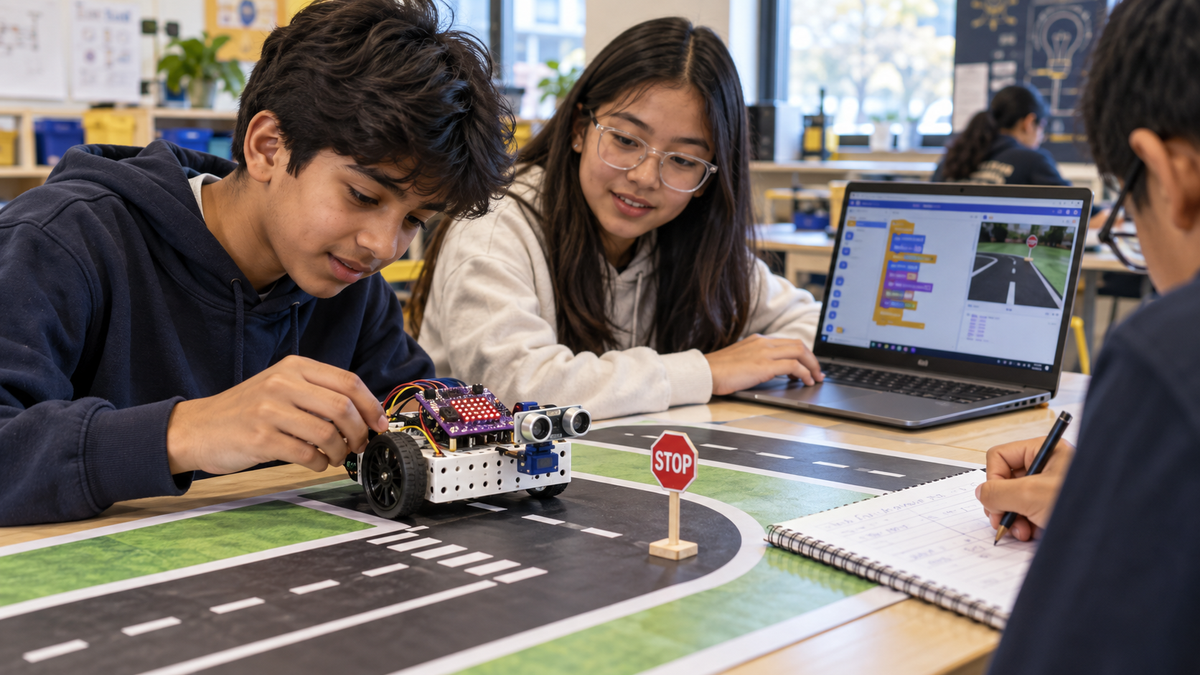 Illustration of students building and programming an autonomous robot car on a tabletop road.