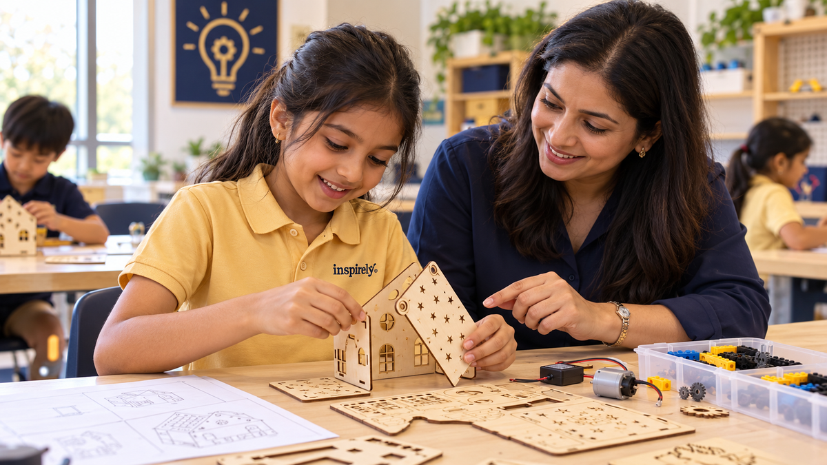 Illustration of an educator helping a child discover hands-on engineering, with an Inspirely logo on the child's gold polo.