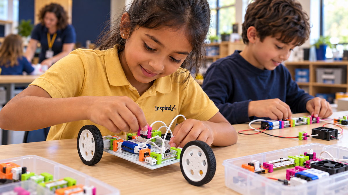 Illustration of children assembling a motorized circuit car and electronic projects; the girl's gold polo bears the Inspirely logo.