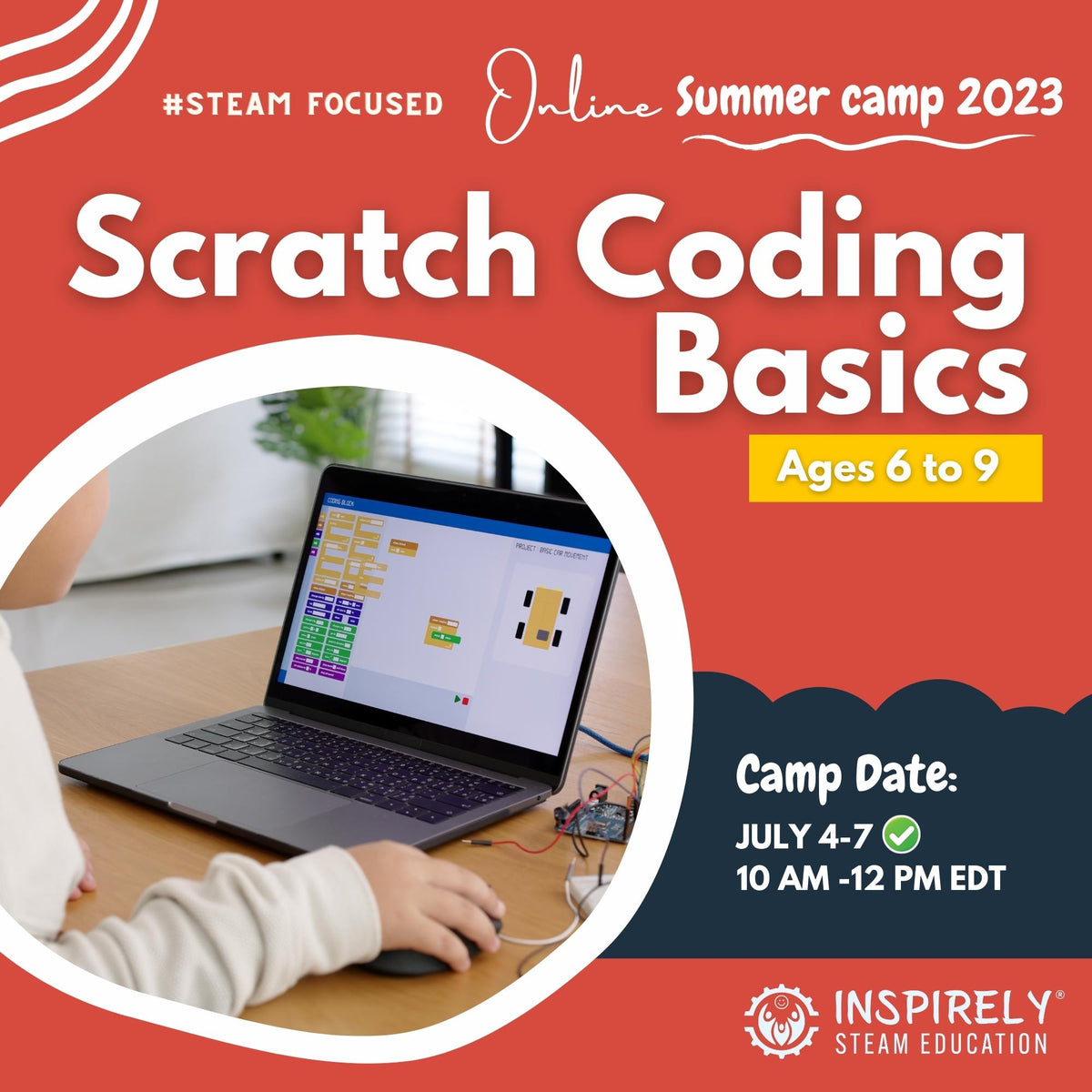 INSPIRELY STEAM Education Scratch coding summer camp Kids coding camp Best summer camps for coding Fun coding classes for kids Coding camp for children aged 6-14 Corporate social responsibility summer camp sponsorship Small business sponsorship for kids coding camp CSR summer camp sponsorship for kids Employee engagement summer camp sponsorship Customer appreciation summer camp sponsorship Logical thinking Coding camp Canadian educator Multi-camp discount