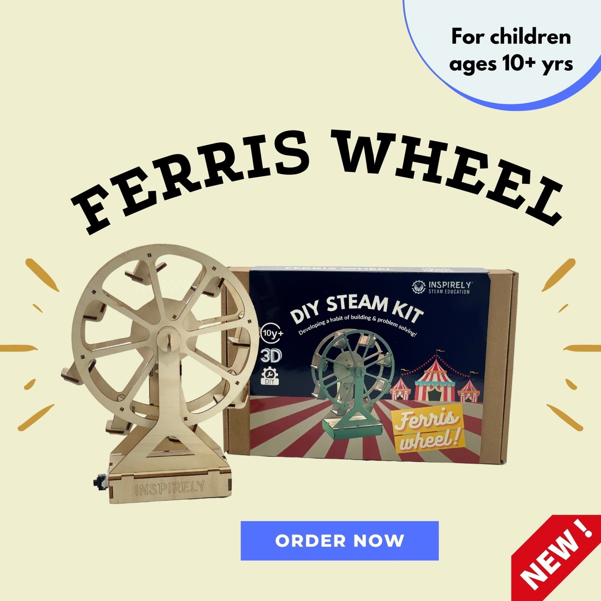 DIY Ferris Wheel - STEM / STEAM / Excellent Science Kit | Holiday Christmas Corporate Gift for family | Ages 6-99 years - Inspirely | STEAM Education corporate holiday birthday Christmas gift for employees with family growth mindset problem solving grit perseverance creative creativity attitude joy science school project STEM STEAM Kits activity box Building Art Kit Craft workshop Kid boy girl wooden math subscription educational toy top best parent choice engineering science robotics 2022 parent choice