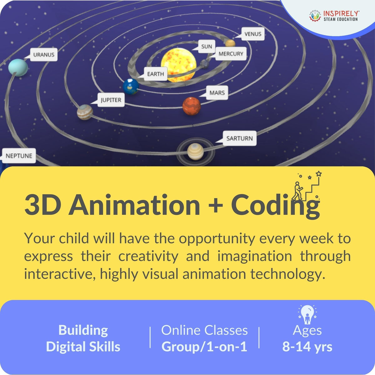 INSPIRELY Canada &amp; USA 3D Animation with coding tutoring Online classes for kids Children ages 8-14 years Live Canadian educators INSPIRELY | STEAM education Fun and interactive classes Imagination come to life Basic coding skills Experienced instructors Creative learning experience Targeted towards parents &amp; schools brampton, Mississauga georgetown orangeville caledon cambridge ontario kitchener waterloo  Edit alt text